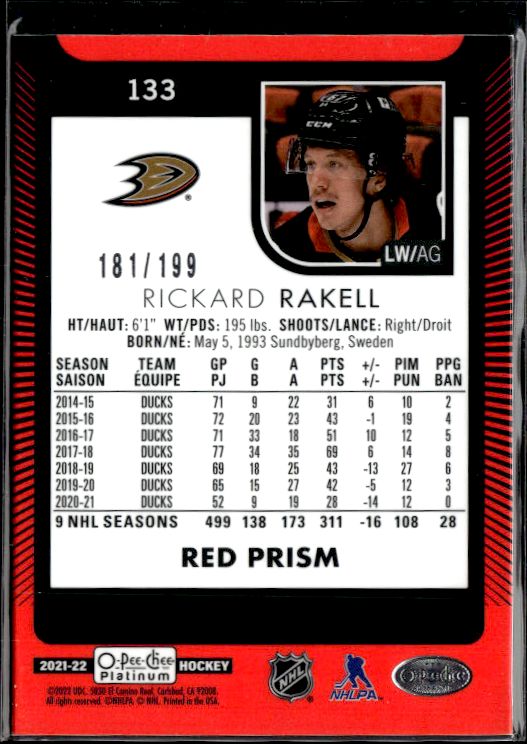 2021-22 O-Pee-Chee Platinum #133 Rickard Rakell Red-Prism #/199