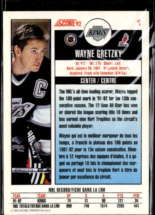 1992-93 Score Canadian #1 Wayne Gretzky