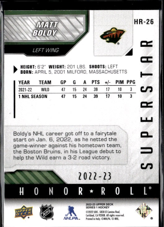 2022-23 Upper Deck #HR-26 Matt Boldy Honor Roll