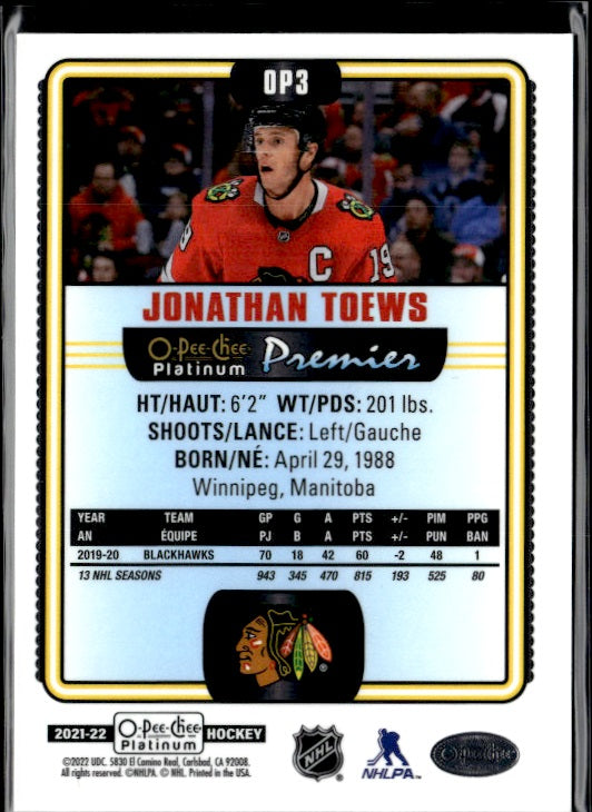 2021-22 O-Pee-Chee Platinum #OP3 Jonathan Toews Premier