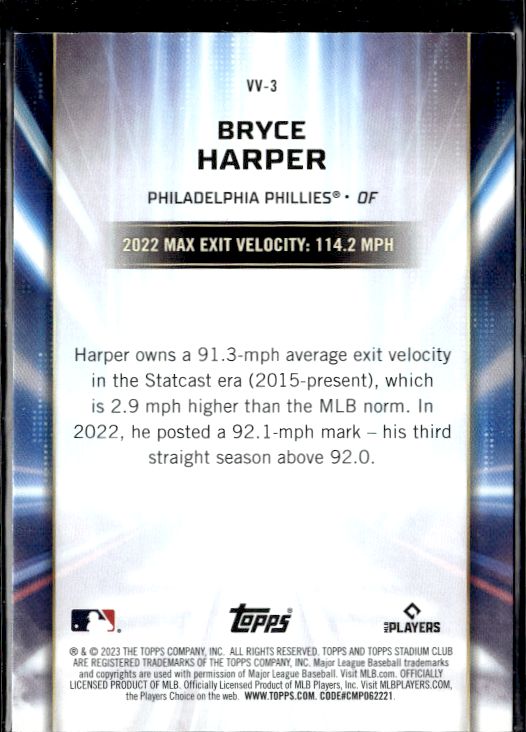 2023 Stadium Club #VV-3 Bryce Harper Virtuosos of Velocity