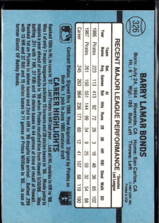 1988 Donruss #326 Barry Bonds