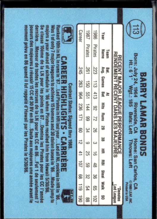 1988 Donruss #326b Barry Bonds