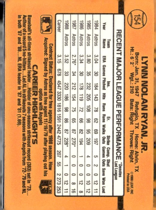 1989 Donruss #154 Nolan Ryan