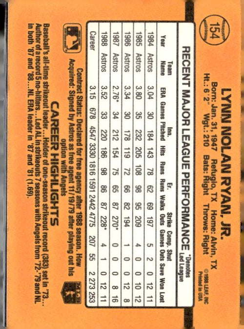 1989 Donruss #154 Nolan Ryan