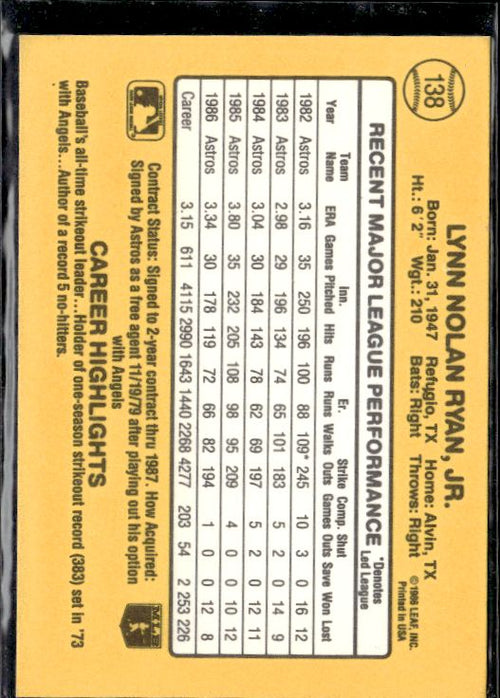 1987 Donruss #138 Nolan Ryan