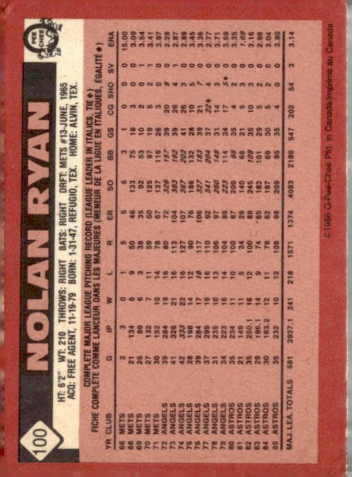 1986 Topps #100 Nolan Ryan