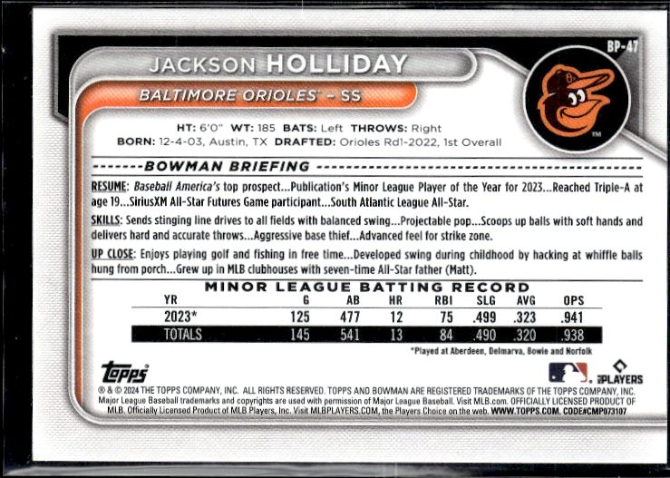 2024 Bowman #BP-47 Jackson Holliday Prospects
