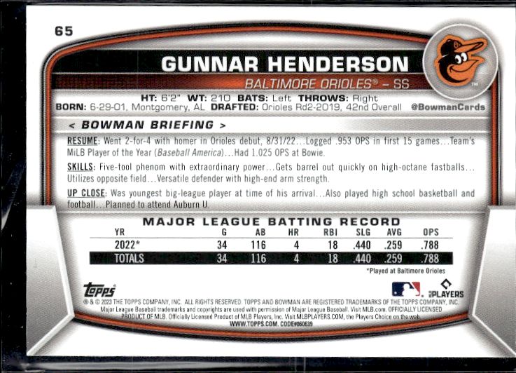 2023 Bowman #65 Gunnar Henderson