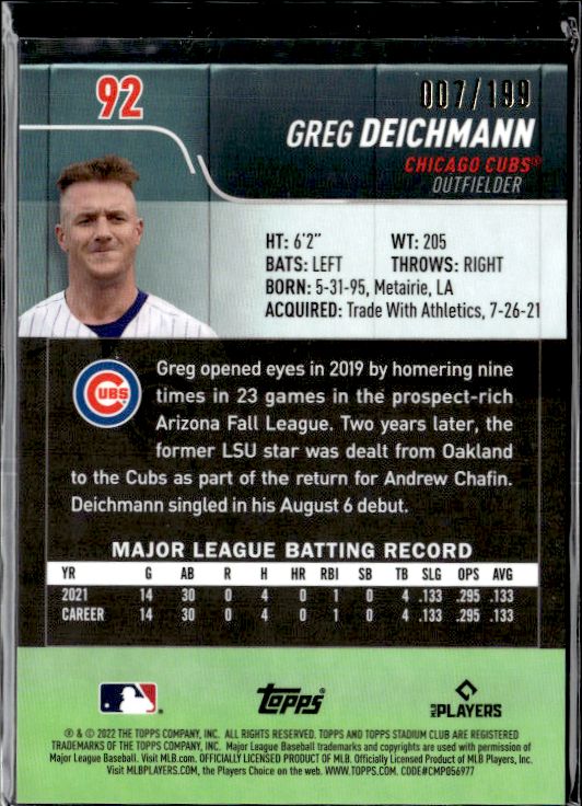 2022 Stadium Club Chrome #92 Greg Deichmann Blue Refractor #/199