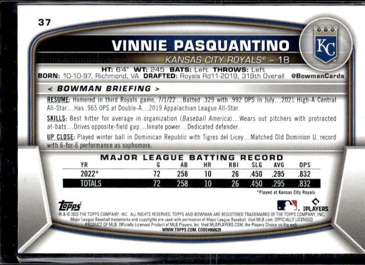 2023 Bowman #37 Vinnie Pasquantino
