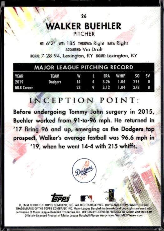 2020 Topps Inception #26 Walker Buehler Magenta #/99