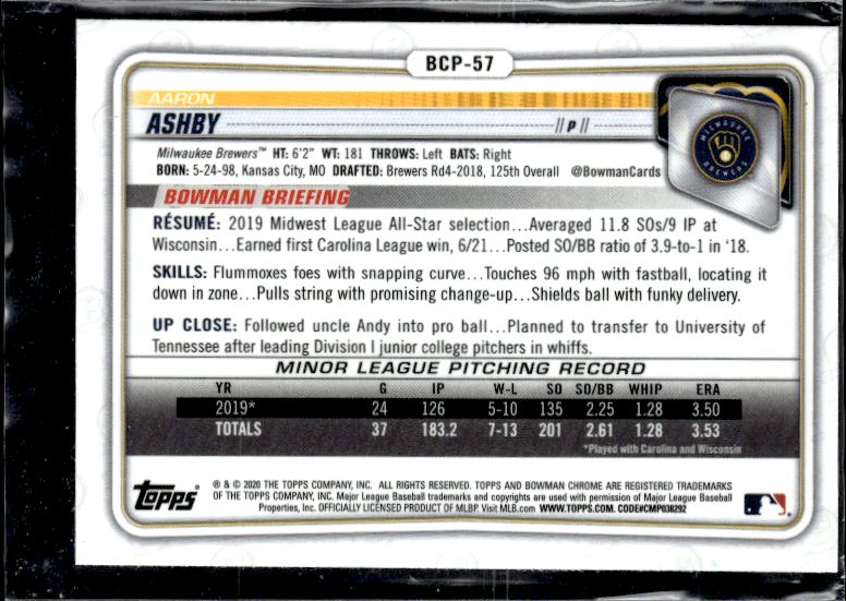 2020 Bowman #BCP-57 Aaron Ashby Chrome Prospects
