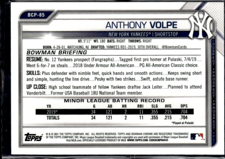 2021 Bowman #BCP-85 Anthony Volpe Chrome Prospects
