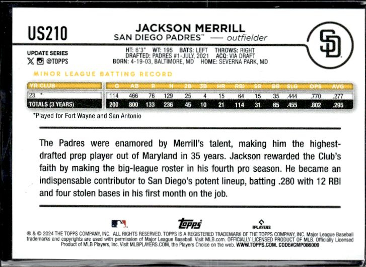 2024 Topps Update #US210 Jackson Merrill Rainbow Foil