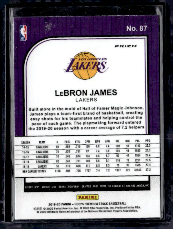 2019-20 Hoops Premium Stock #87 LeBron James Prizms Purple Disco