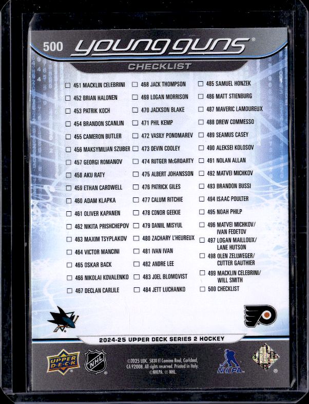 2024-25 Upper Deck #500 Young Guns Checklist (Celebrini /Michkov)