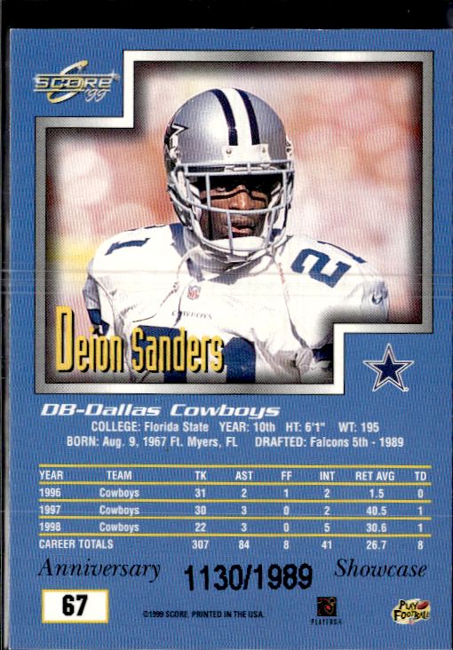 1999 Score #67 Deion Sanders Anniversary Showcase #/1989