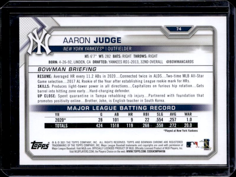 2021 Bowman #74 Aaron Judge Blue #/150