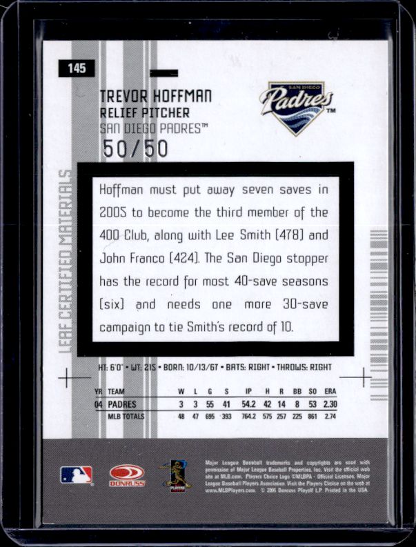 2005 Leaf Certified Materials #145 Trevor Hoffman Mirror Blue #/50