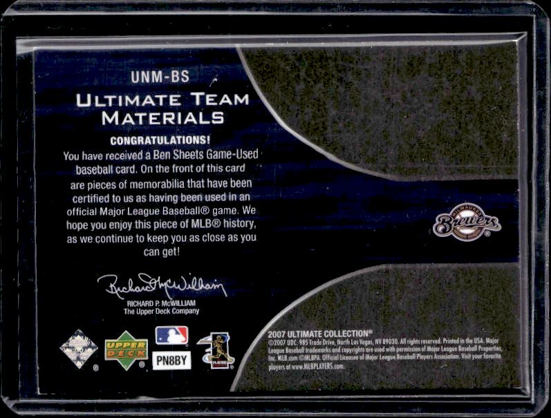 2007 Upper Deck Ultimate Coll #UNM-BS Ben Sheets Ultimate Numbers /15
