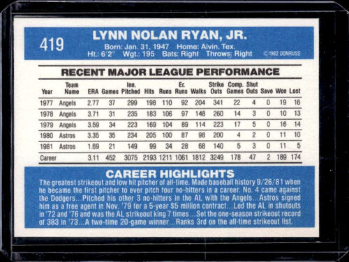 1982 Donruss #419 Nolan Ryan