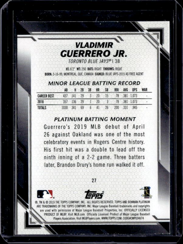 2019 Bowman Platinum #27b Vladimir Guerrero Jr. : Rookie Variation