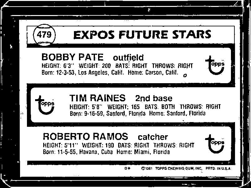 1981 Topps #479 Expos Future Stars (Tim Raines / Roberto Ramos / Bobby Pate)