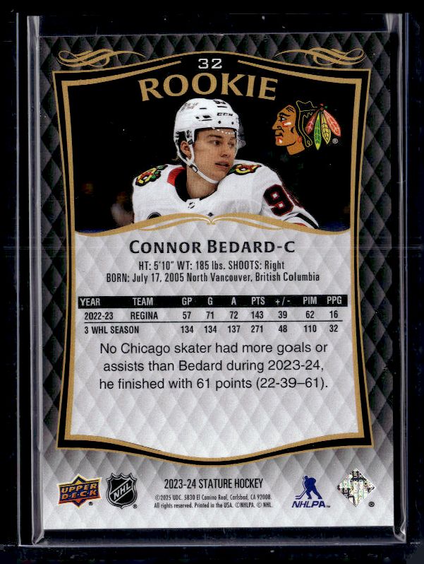 2024-25 Upper Deck Stature #32 Connor Bedard 2023-24 Upper Deck Stature #/999