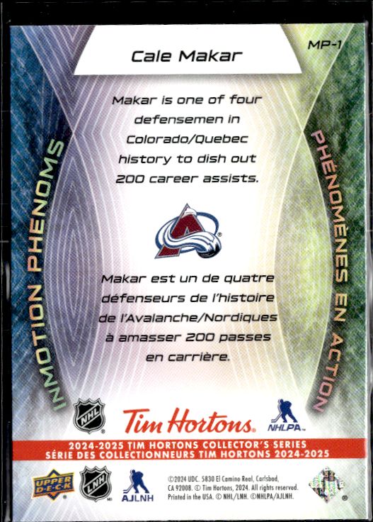 2024-25 Upper Deck Tim Hortons #MP-1 Cale Makar In Motion Phenoms