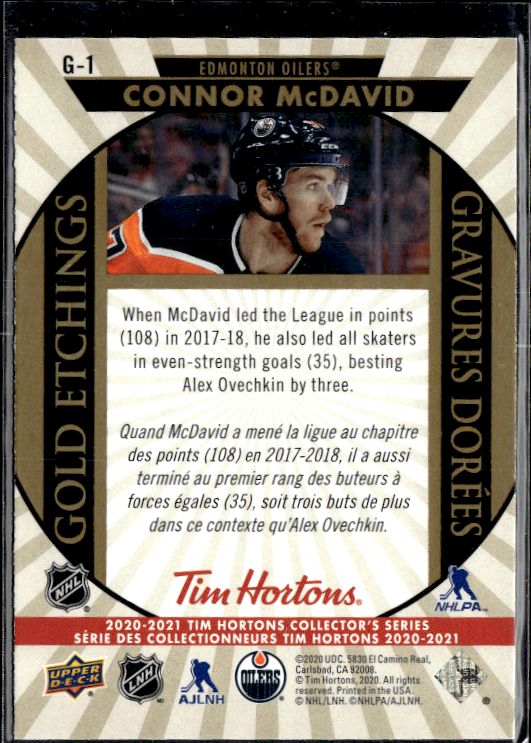 2020-21 Upper Deck Tim Hortons #G-1 Connor McDavid Gold Etchings