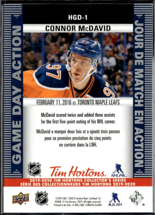 2019-20 Upper Deck Tim Hortons #HGD-1 Connor McDavid Game Day Action
