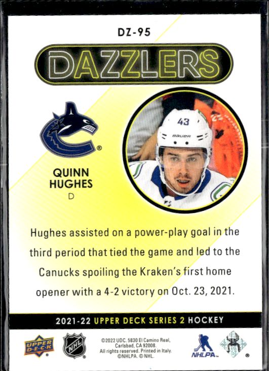2021-22 Upper Deck #DZ-95 Quinn Hughes Dazzlers Blue
