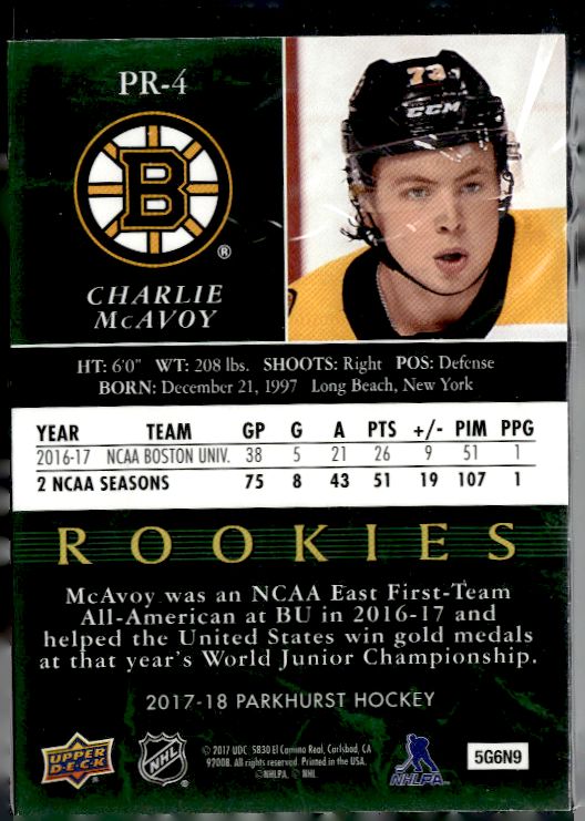 2017-18 Upper Deck #PR-4 Charlie McAvoy Parkhurst Rookies Previews
