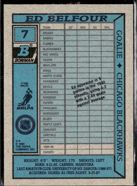 1990-91 Bowman #7 Ed Belfour