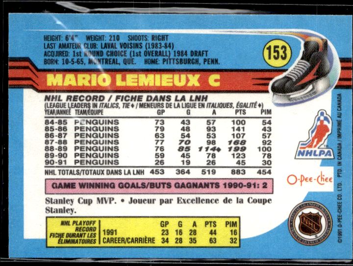 1991-92 O-Pee-Chee #153 Mario Lemieux