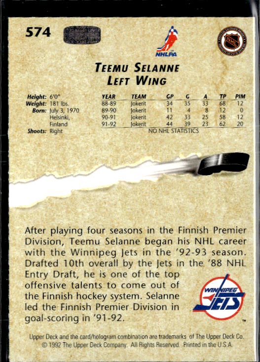1992-93 Upper Deck #574 Teemu Selanne