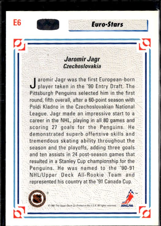 1991-92 Upper Deck #E6 Jaromir Jagr Euro-Stars