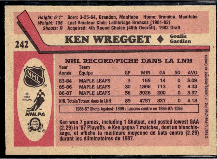 1987-88 O-Pee-Chee #242 Ken Wregget