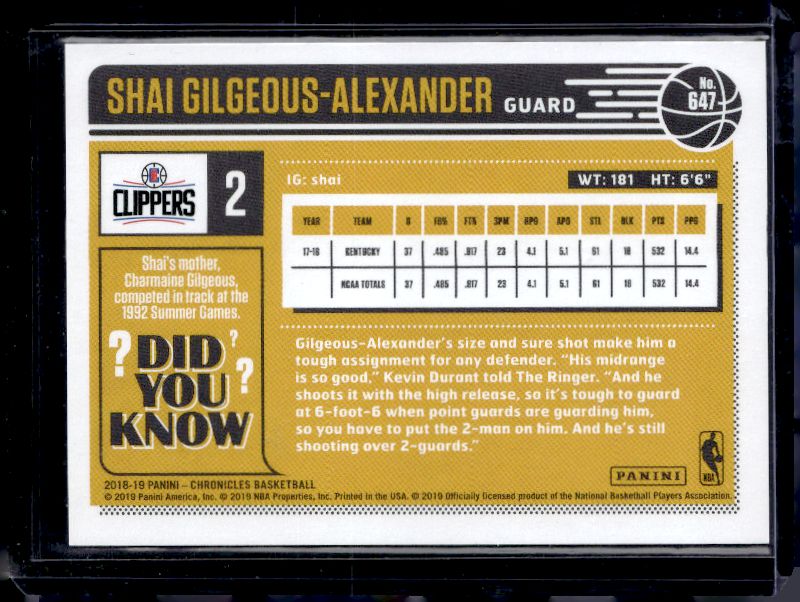2018-19 Panini Chronicles #647 Shai Gilgeous-Alexander Blue #/99