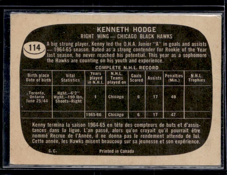 1966-67 Topps #114 Kenneth Hodge