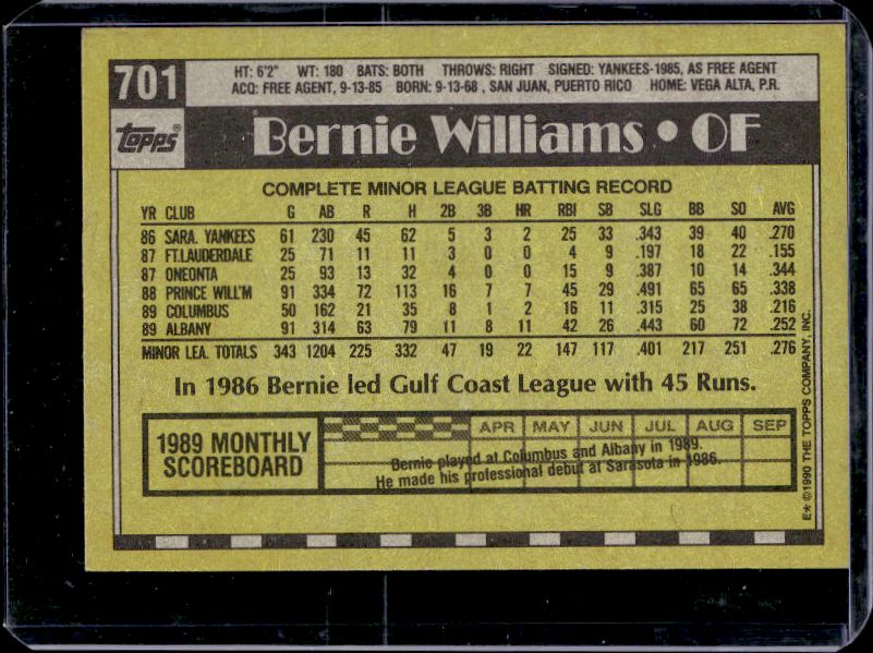 1990 Topps #701 Bernie Williams