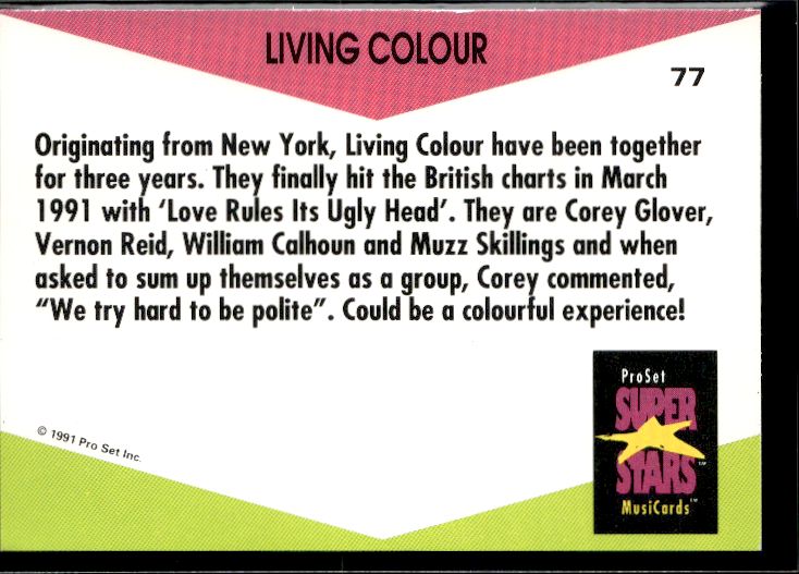 1991 Pro Set SuperStars MusiCards (UK Edition) #77 Living Colour