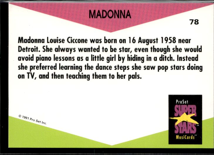 1991 Pro Set SuperStars MusiCards (UK Edition) #78 Madonna