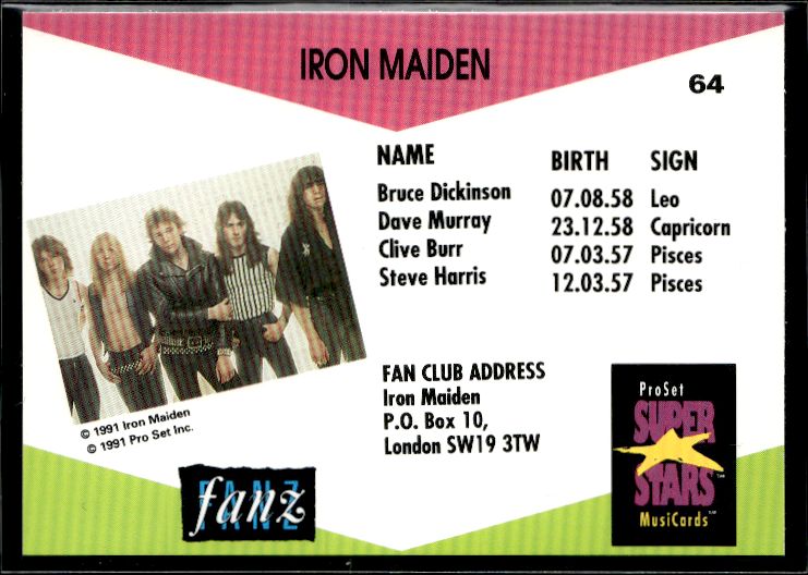 1991 Pro Set SuperStars MusiCards (UK Edition) #64 Iron Maiden