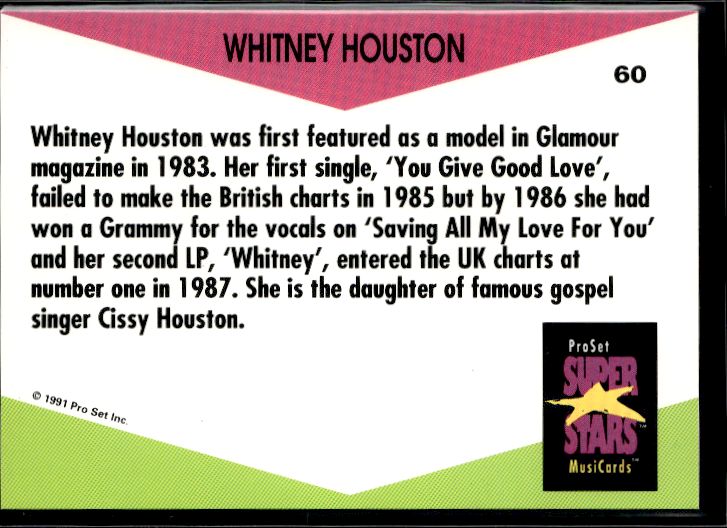 1991 Pro Set SuperStars MusiCards (UK Edition) #60 Whitney Houston