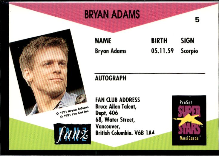 1991 Pro Set SuperStars MusiCards (UK Edition) #5 Bryan Adams