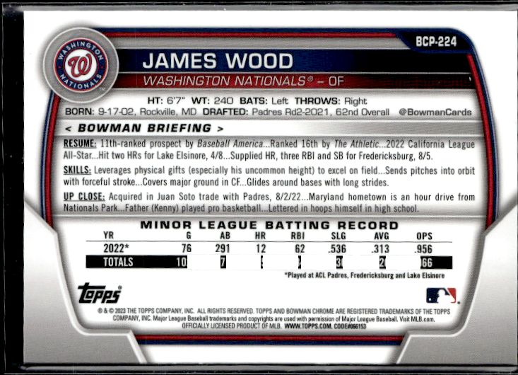 2023 Bowman Chrome Sapphire Edition #BCP-224 James Wood Prospects