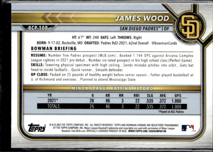 2022 Bowman #BCP-108 James Wood Chrome Prospects