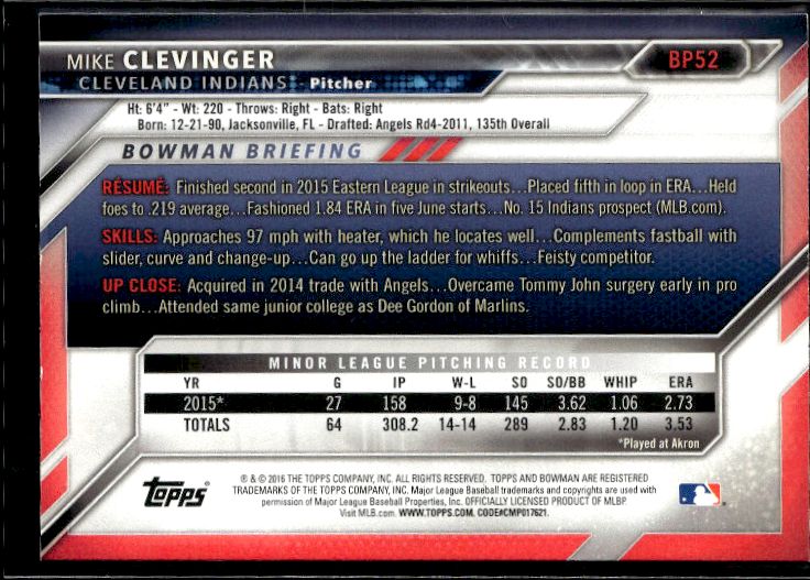 2016 Bowman #BP52 Mike Clevinger Prospects